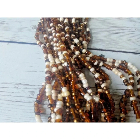NIB Multistrand Colorful Wood and Seed Beed Necklace Brown and Ivory Tones - Picture 4 of 6